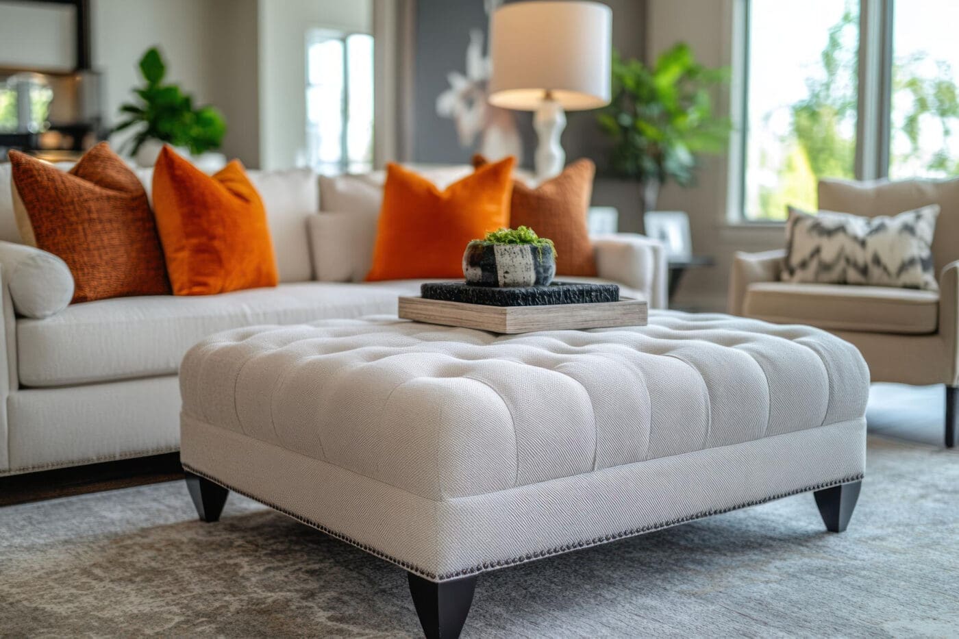 A modern living room features a tufted ottoman, couch with orange pillows, and a plant