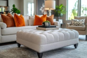 A modern living room features a tufted ottoman, couch with orange pillows, and a plant