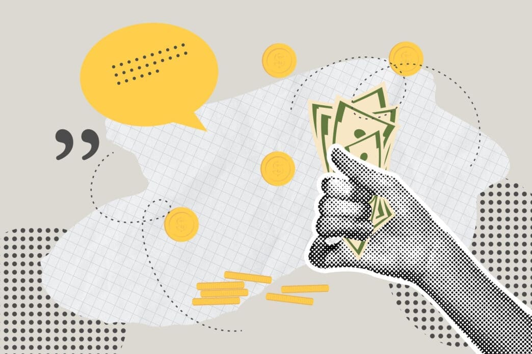 Hand holding money with coins and a speech bubble