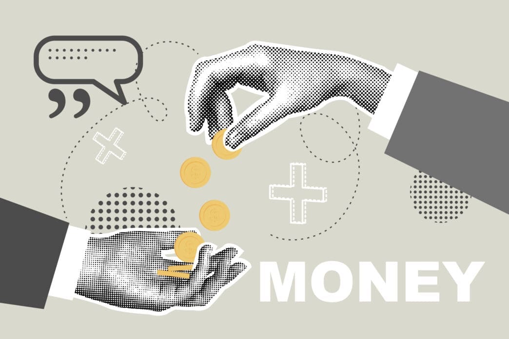 Hand giving coins to another hand with the word MONEY
