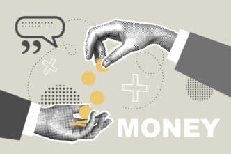 Hand giving coins to another hand with the word MONEY