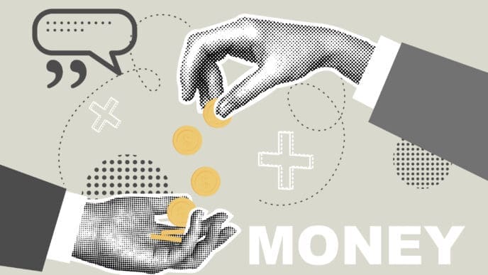 Hand giving coins to another hand with the word MONEY
