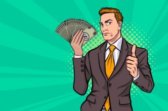 A confident businessman in a cartoon style holds a fan of money and gives a thumbs-up