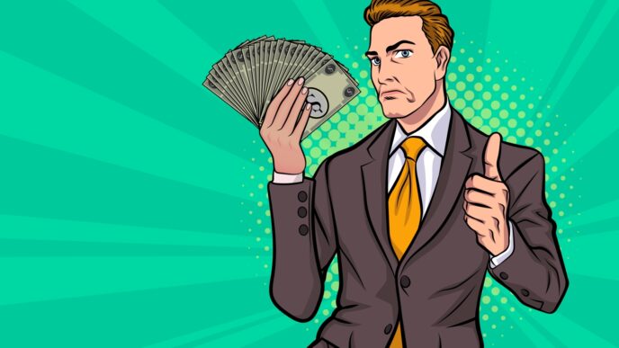 A confident businessman in a cartoon style holds a fan of money and gives a thumbs-up