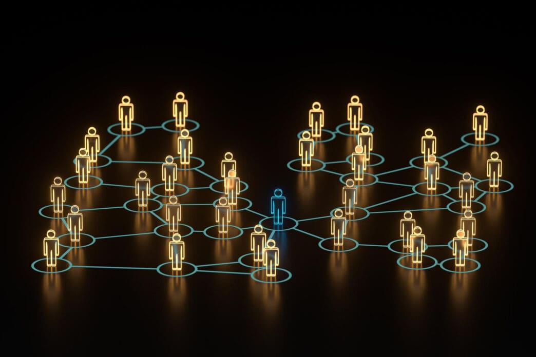 A network of glowing figures, one blue and the rest gold, connected by lines
