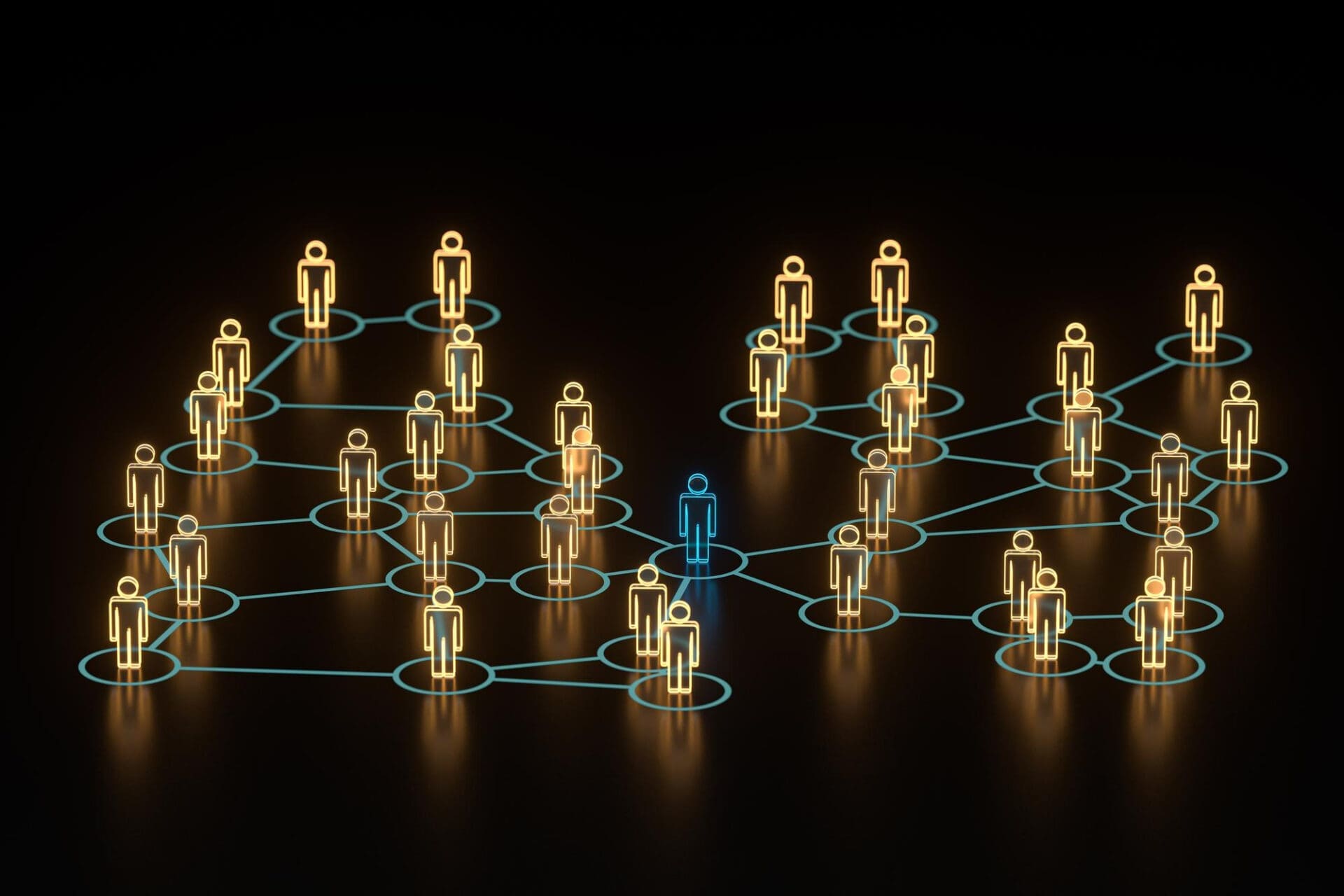 A network of glowing figures, one blue and the rest gold, connected by lines