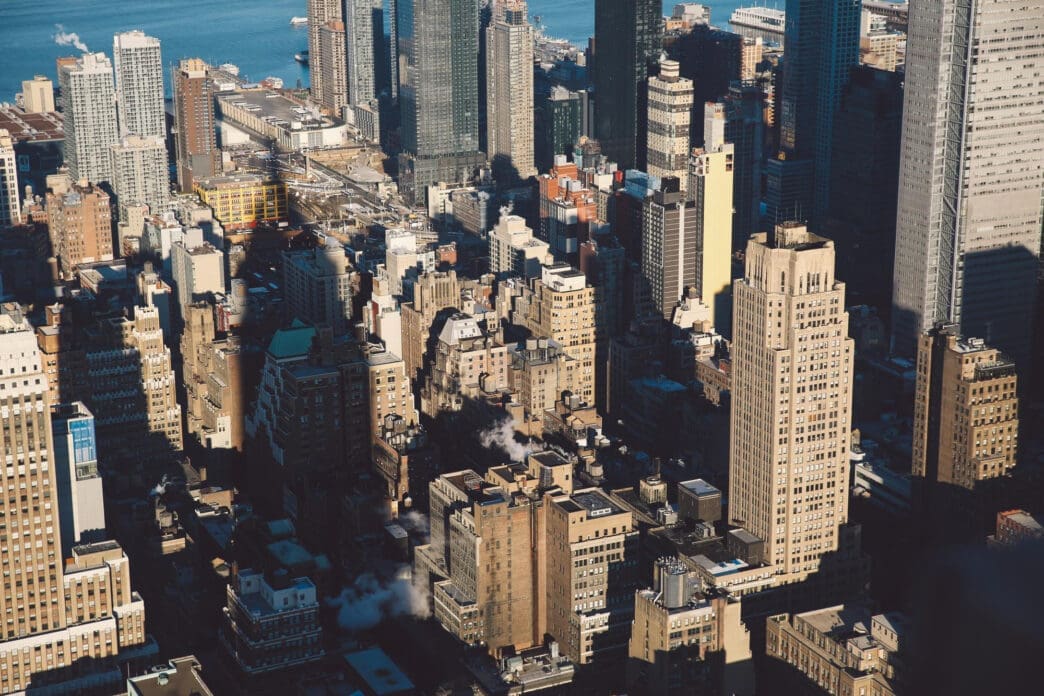 Aerial view of New York City's dense skyscrapers and waterfront