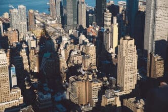 Aerial view of New York City's dense skyscrapers and waterfront