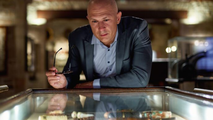 A bald man in a suit holds a pair of glasses and looks intently into a museum display case
