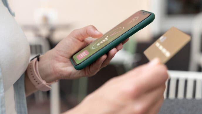 A person holds a smartphone in one hand and a gold credit card in the other, ready to make an online payment