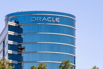 The Oracle corporate headquarters building with its distinctive blue glass facade