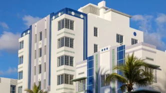 The multi-story facade of the Park Central Hotel in Miami Beach, showcasing its Art Deco design