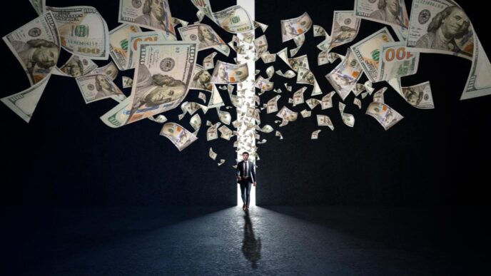 A businessman walks through a glowing doorway with one hundred dollar bills flying around him