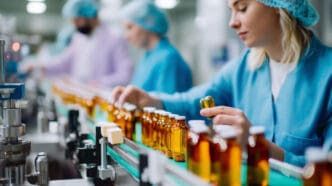 Workers in a factory assemble amber bottles on a conveyor belt