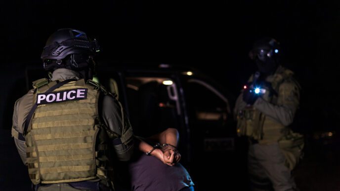 Two police officers in tactical gear arrest a person on a dark night