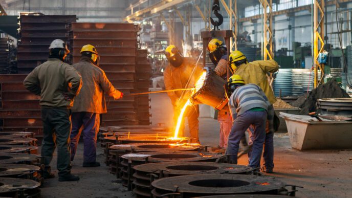 Foundry workers in safety gear pouring a stream of molten metal into a row of molds