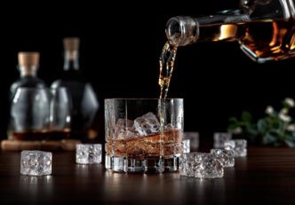 A stream of whiskey is poured from a bottle into a glass with ice cubes