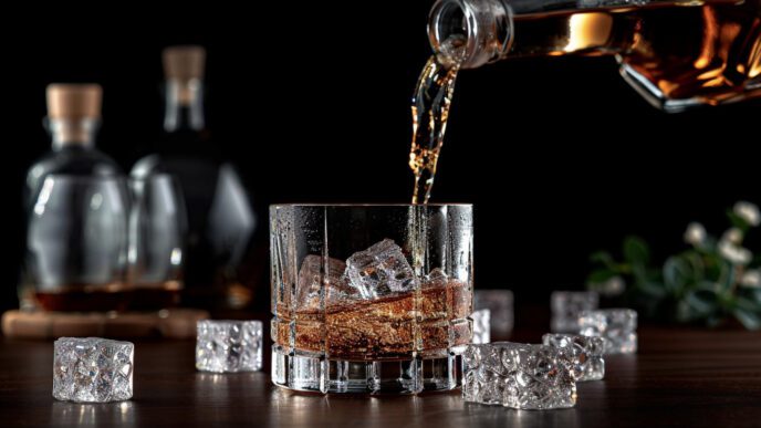 A stream of whiskey is poured from a bottle into a glass with ice cubes