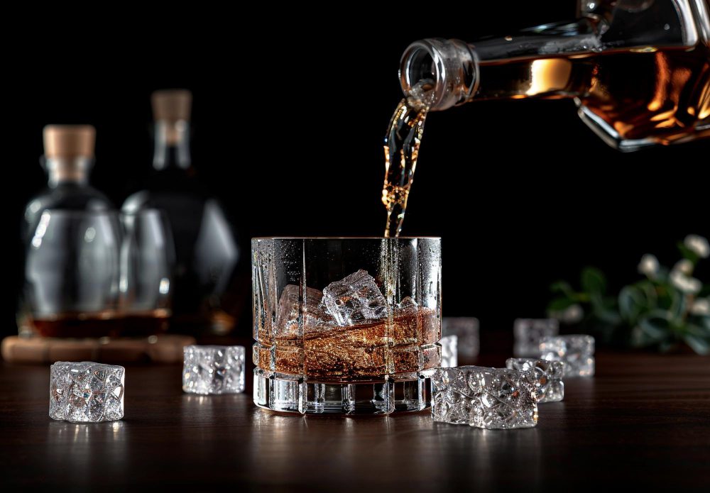 A stream of whiskey is poured from a bottle into a glass with ice cubes