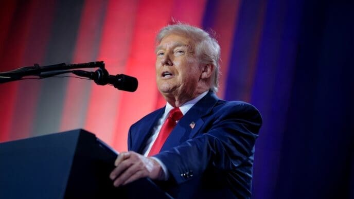 President Donald Trump stands at a podium with a microphone, delivering remarks at a summit with red and blue lighting in the background