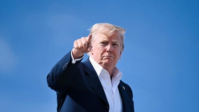 Donald Trump stands against a bright blue sky, pointing directly at the camera