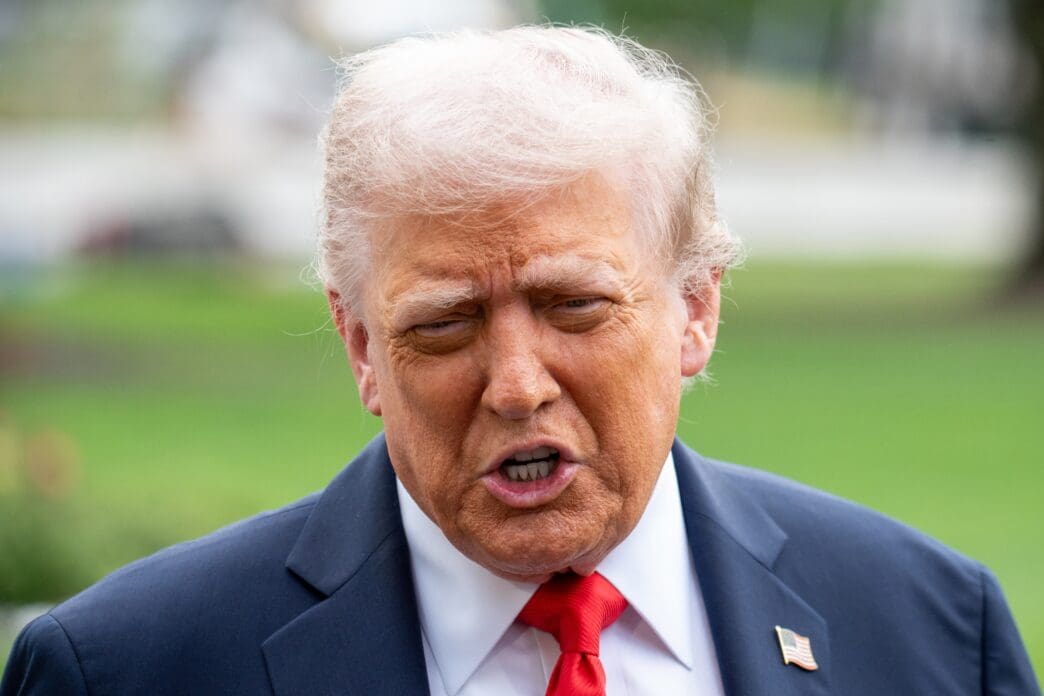 President Donald Trump speaks to the media with an American flag pin on his lapel