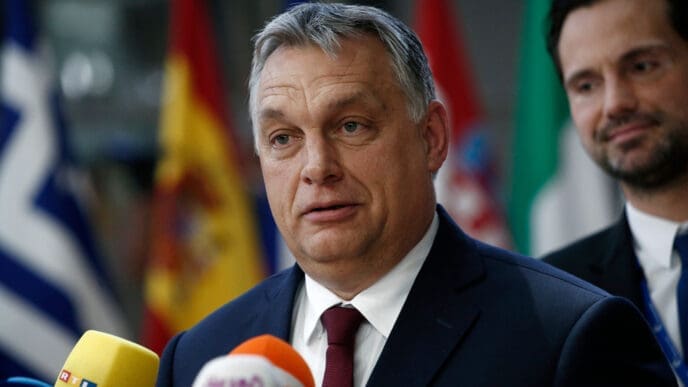 Hungarian Prime Minister Viktor Orbán speaks to reporters