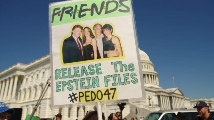 A protester holds a sign featuring a photo of three people and text demanding the release of "The Epstein Files" at the U.S. Capitol