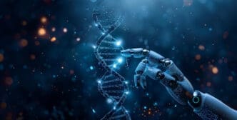 Robotic hand interacting with a glowing DNA strand in a futuristic setting
