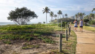 Two people running on a paved trail next to a grassy area with palm trees and an ocean view