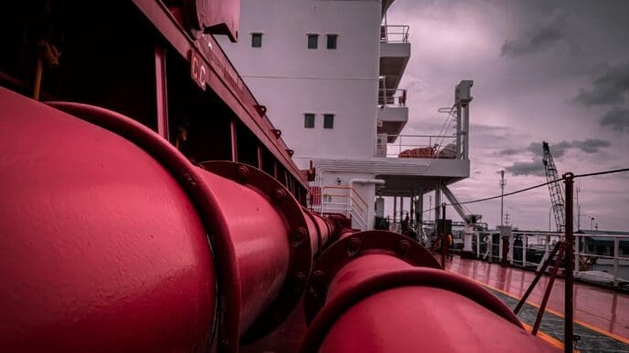 Red pipes and white superstructure of an LNG ship under a cloudy sky