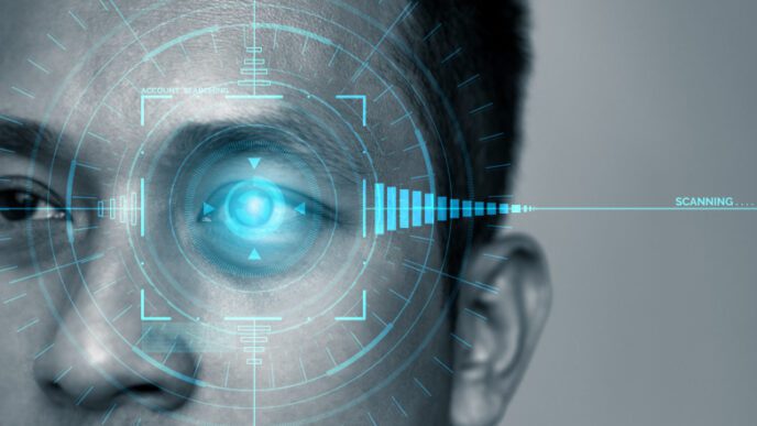 A person's eye being scanned with a digital, futuristic blue interface overlay
