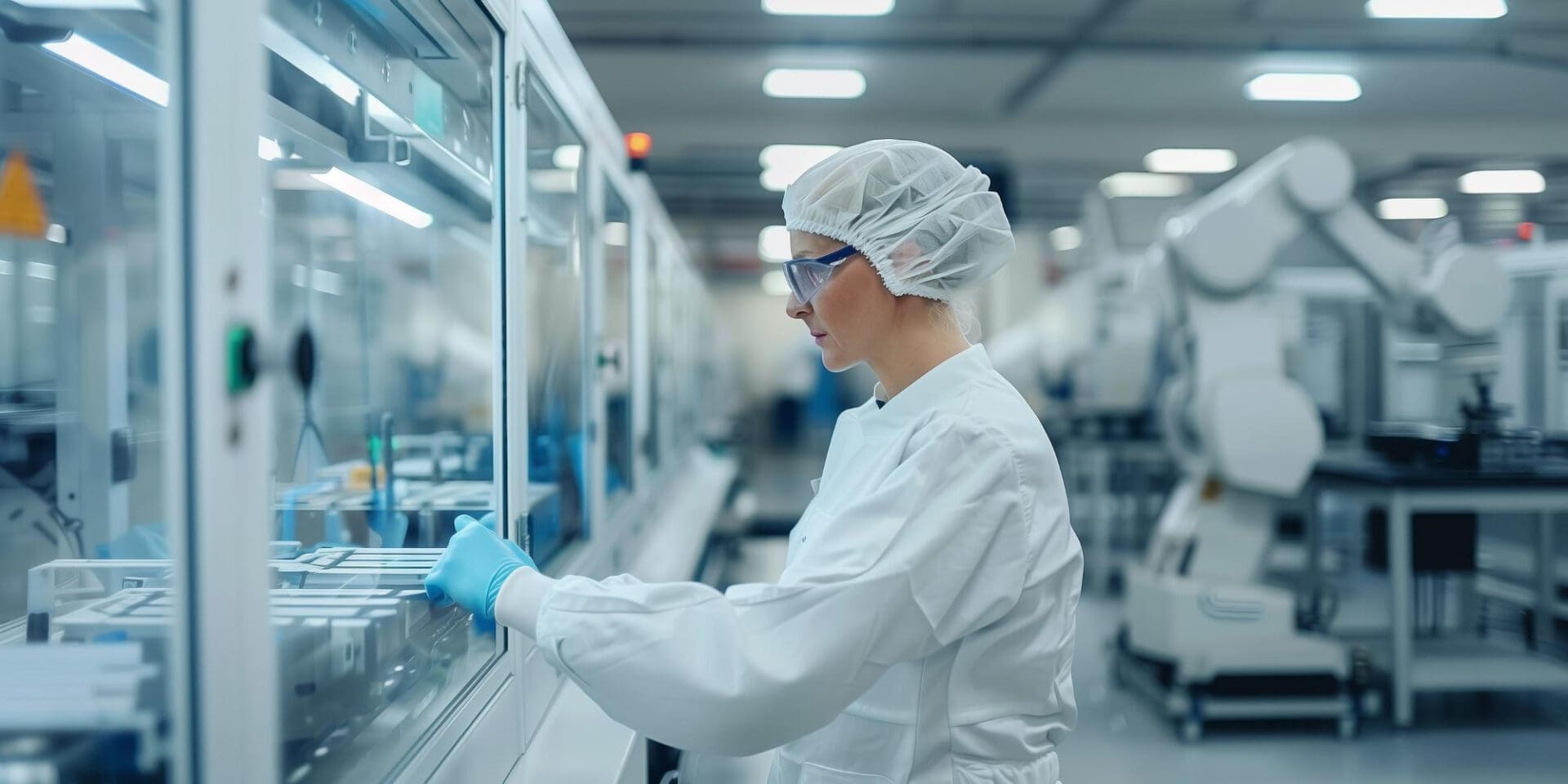 Scientist in a cleanroom working with equipment
