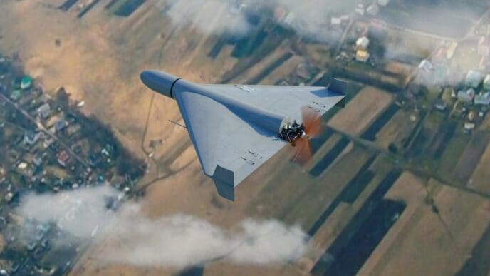 A 3D render shows a gray military kamikaze drone flying over a rural landscape with clouds and smoke