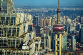 The iconic Oriental Pearl Tower and other tall skyscrapers in the Shanghai skyline
