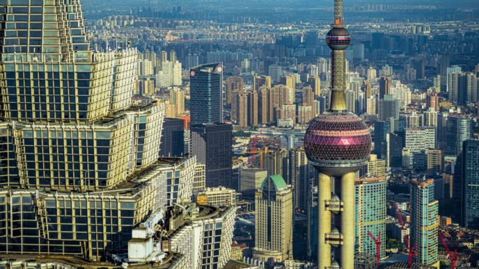 The iconic Oriental Pearl Tower and other tall skyscrapers in the Shanghai skyline