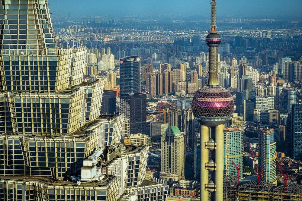 The iconic Oriental Pearl Tower and other tall skyscrapers in the Shanghai skyline