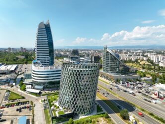 Aerial view of modern skyscrapers and buildings in Sofia, Bulgaria