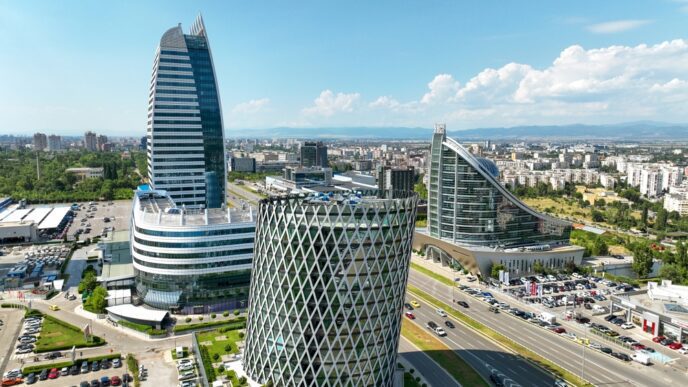 Aerial view of modern skyscrapers and buildings in Sofia, Bulgaria