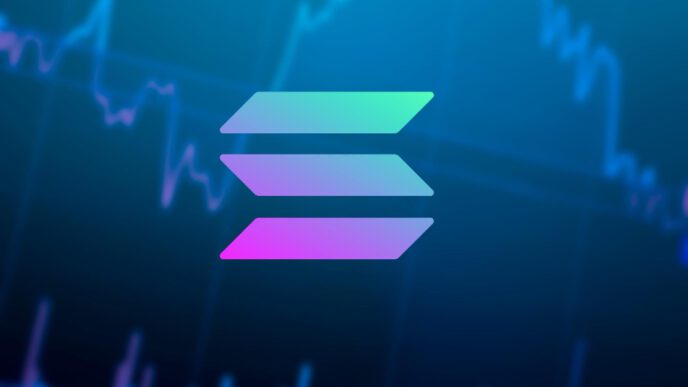 The Solana cryptocurrency logo in front of a blue background with a growth chart