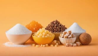 Different types of sugar are in bowls on a table against an orange background