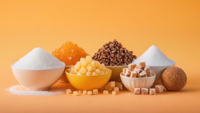 Different types of sugar are in bowls on a table against an orange background