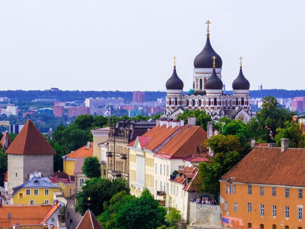 Panoramic view of Tallinn's Old Town with Alexander Nevsky Cathedral and historic buildings