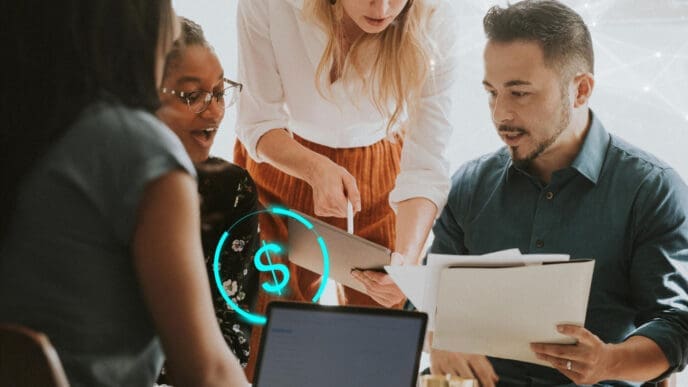A diverse group of people in a meeting looks at a tablet and a laptop as a digital dollar sign floats in the foreground, representing tech for nonprofit donations