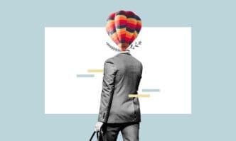 Surreal image of a person in a suit with a hot air balloon for a head