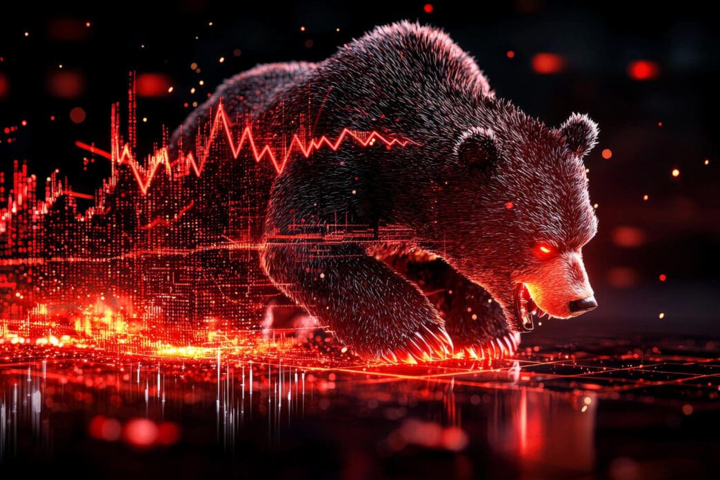 A digital illustration of a bear with glowing red eyes slashing through a red financial chart, symbolizing a stock market downturn