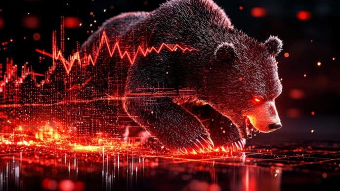 A digital illustration of a bear with glowing red eyes slashing through a red financial chart, symbolizing a stock market downturn