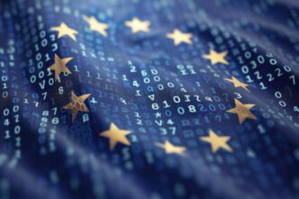 The European Union flag is overlaid with flowing lines of digital code and data