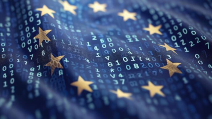The European Union flag is overlaid with flowing lines of digital code and data