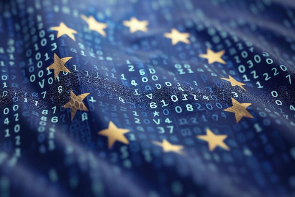 The European Union flag is overlaid with flowing lines of digital code and data